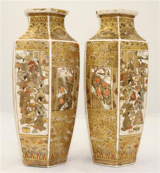 A pair of Japanese Satsuma pottery hexagonal baluster vases, Meiji period, 24cm